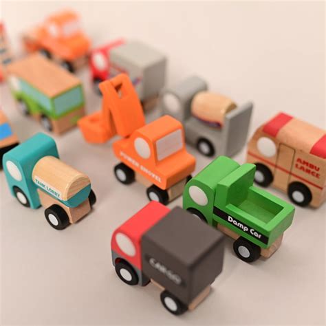 Playbox 12 Colorful Mini Construction Vehicles Little Wagon Cars Wooden ...