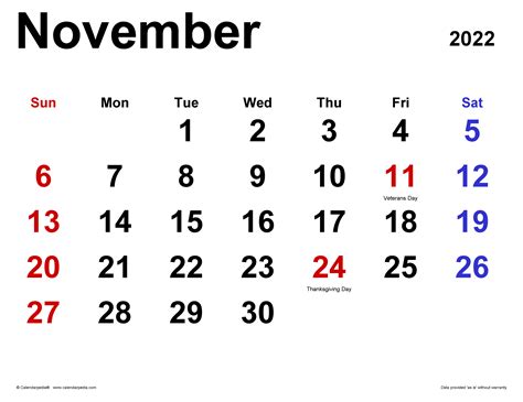 November 2022 Calendar Printable Landscape