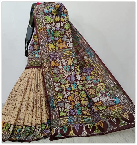 Multi Colored Hand Embroidery Kantha Stitch Saree – Dailybuyys