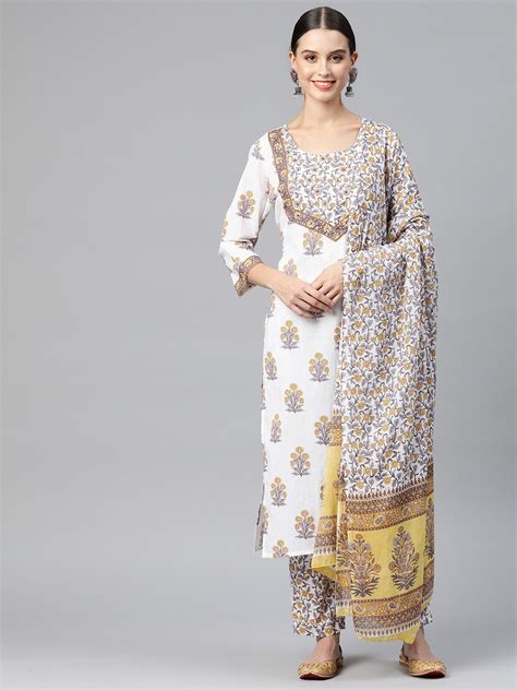 Straight Style Cotton Fabric White & Grey Color Kurta And Palazzo With ...