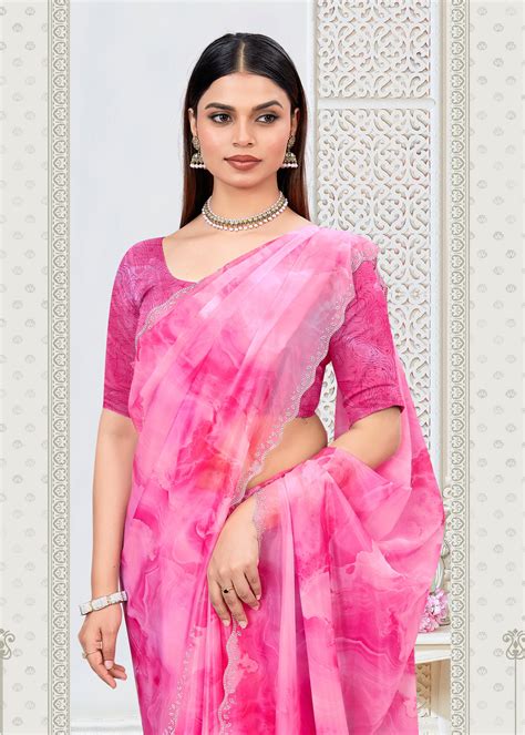 Abstract Printed Pink Fine Organza Saree with Luxe Stone Embellished C ...