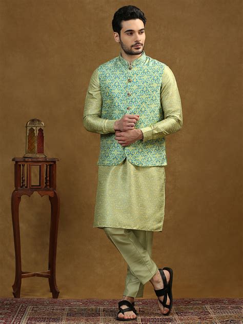 Damask Pattern Print Kurta Set with Nehru Jacket – Essas Club