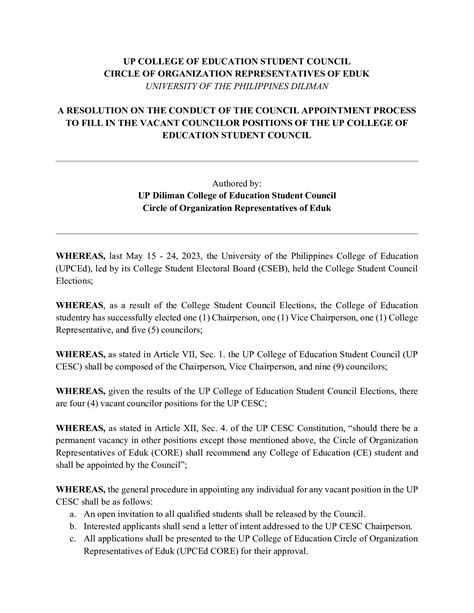 CESC Resolution on the Conduct of the Council Appointment Process to ...