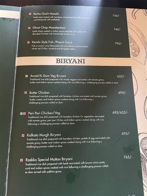 Menu at Rzekka Resort, India