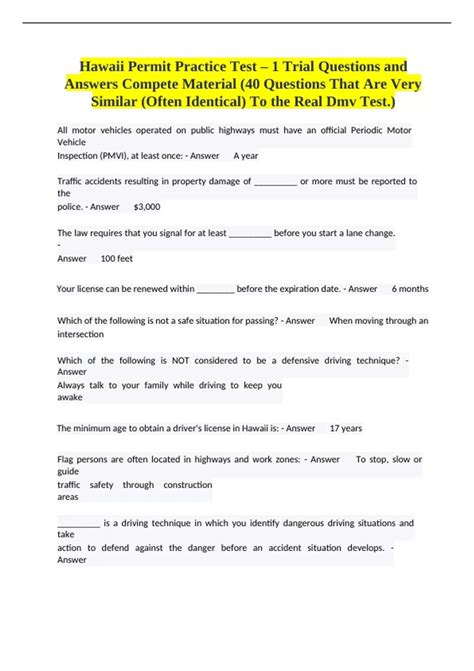 Hawaii Permit Practice Test - 1 Trial Questions and Answers Compete ...