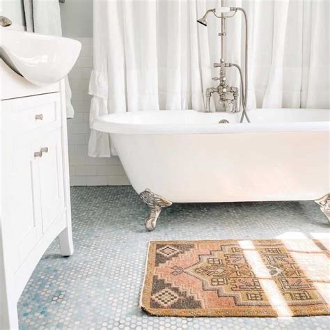 White and Light Blue Penny Tile Bathroom Floor - Soul & Lane