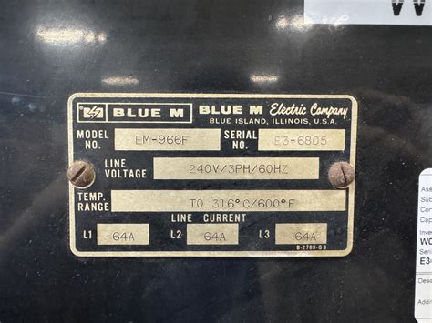 BLUE M CONVECTION OVEN MODEL # EM-966F; 240 W/3 PH/60 HZ; RANGE: TO 316 ...