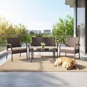 DEVOKO Outdoor Wicker Patio Furniture 4-Piece Waterproof Sofa with ...