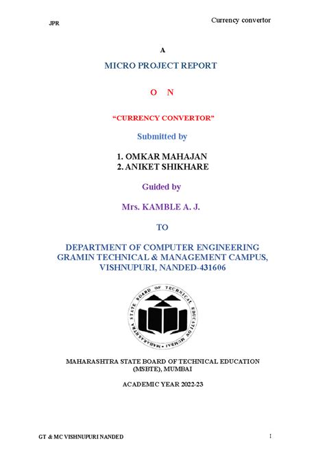 Jpr report - A MICRO PROJECT REPORT O N “CURRENCY CONVERTOR” Submitted ...
