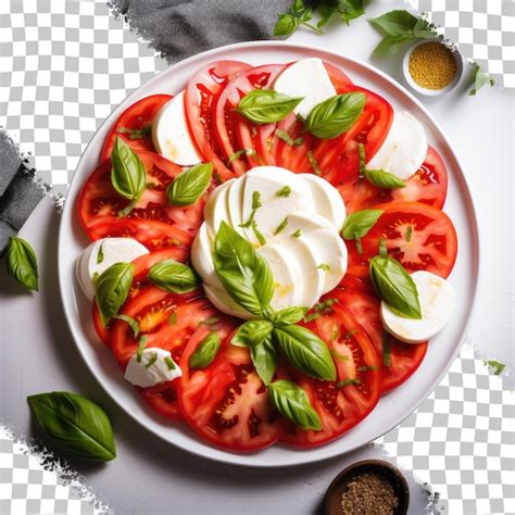Salade avec de la mozzarella de tomates et du basilic sur un fond ...