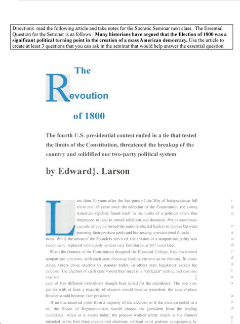 Revolution of 1800 - just something to help - Directions: read the ...