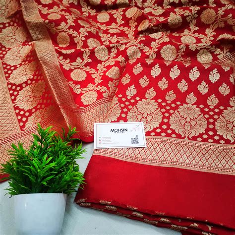 Red Golden Zari Katan Silk Banarasi Suit – Mohsin Textiles