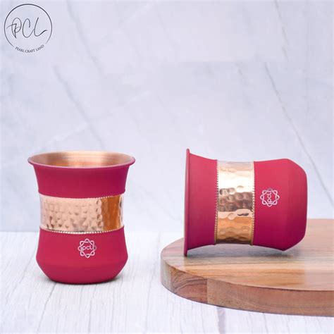 Pure Copper Water Glass Set of 2 Silk Red Cherry Half Hammered Damru T ...
