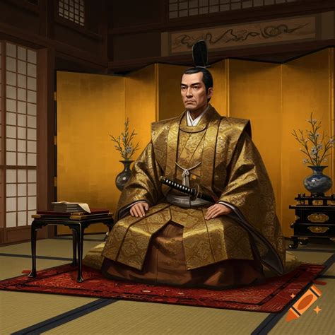 A Japanese daimyo in a golden robe is seated on the floor in a ...
