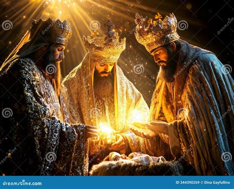 The Three Wise Men Presenting Gifts To Baby Jesus, Bathed in Divine ...