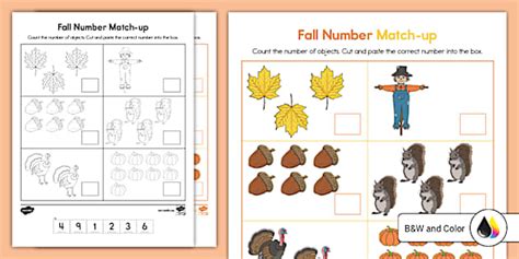 Fall Number Match-up Cut and Paste Worksheet