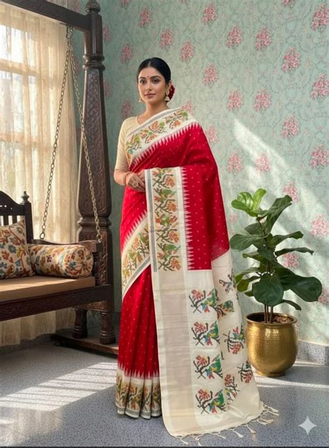 Pure Red Pochampally Ikkat Silk Saree with Cream Floral Temple Border ...