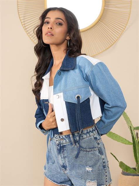 StyleStone Women's Blue Denim Crop Jacket with Color Blocking patchwor ...
