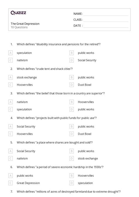 50+ great depression worksheets on Quizizz | Free & Printable