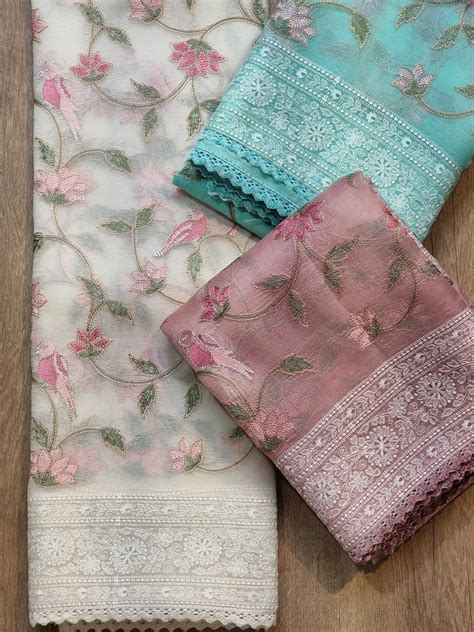 Pure Organza Silk Katha Embroidered Chikankari Saree – Resham Wala