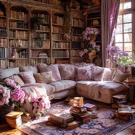 "A gorgeous living room with books,peonies,burning candles,comfort ...