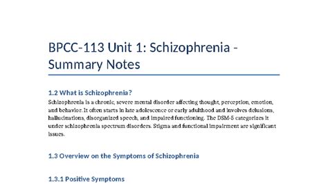 BPCC113 Unit 1: Comprehensive Summary of Schizophrenia - Studocu