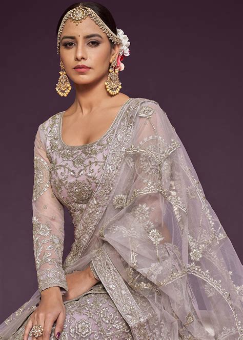 Buy Wedding Lehenga - Dusky Mauve Embroidered Soft Net Lehenga Choli ...