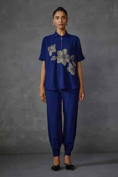 Buy Blue Crepe Beads Collared Bloomwave Floral Embroidered Top For ...