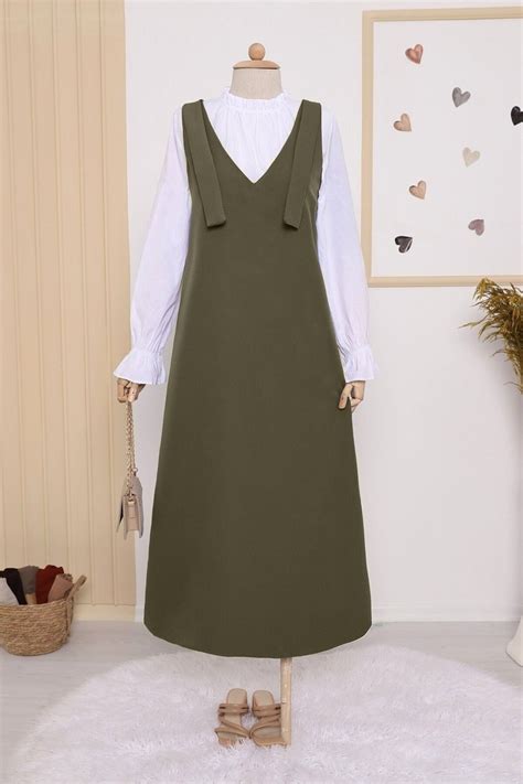 Khaki Long Dress with Shoulder Ties | HİJABAYA