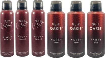 NUIT OASIS MEN -3,VELVET WOMEN -3 PACK OF 6 Body Spray - For Men ...