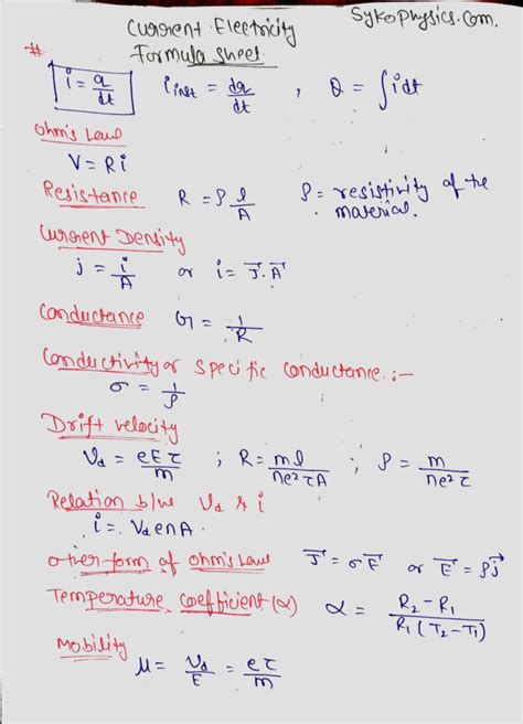 Formula sheet current electricity class 12 physics - current ...