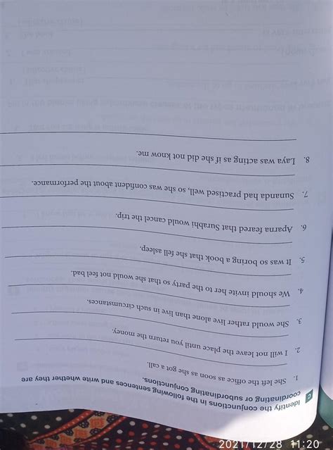 identify the conjunction in the following sentence and write whether ...