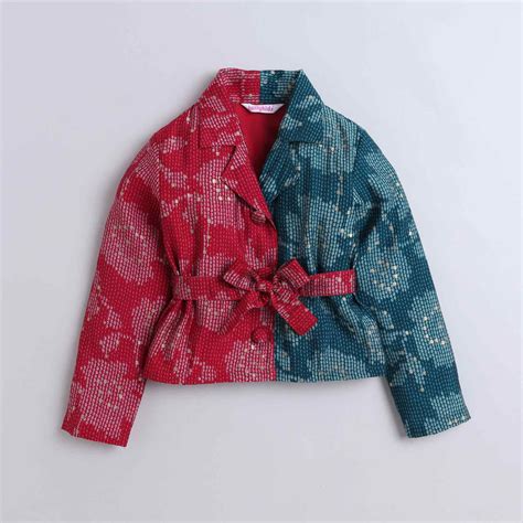 printed color block full sleeves tie up detail ethnic blazer with matc ...
