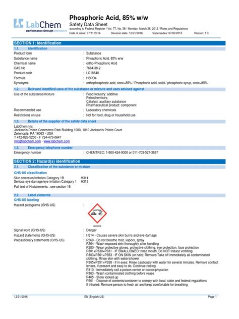 Phosphoric Acid, 85% w/w: Safety Data Sheet
