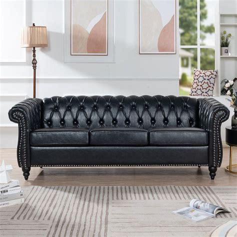 WLVOS 84 PU Leather Chesterfield Sofa - Large, Black, India | Ubuy