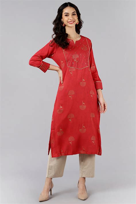 Red Cotton Sequin Embroidered Straight Kurti VEK1065 – Ahika