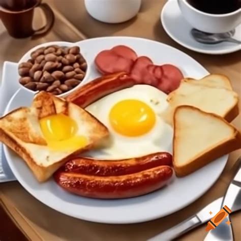 Hearty breakfast with eggs, sausages, toast, baked beans, and coffee on ...