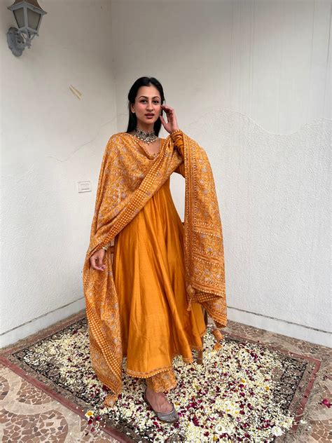 Sukhneet Wadhwa Gujral in Amaara Mustard Solid Anarkali Set – Shrutkirti