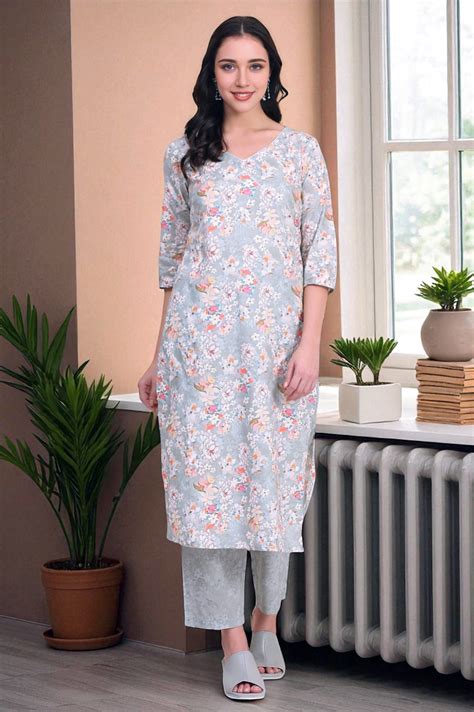 Buy Grey Floral Printed Pure Cotton Kurta and Pants Co-ord Set Online ...