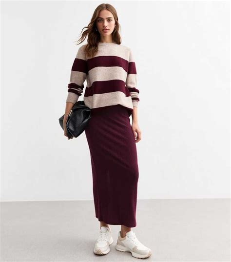 Burgundy Brushed Ribbed Midi Skirt | New Look