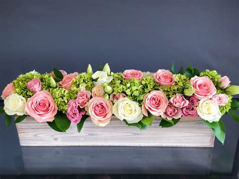Pink and White Flower Arrangement in Long Wood Box