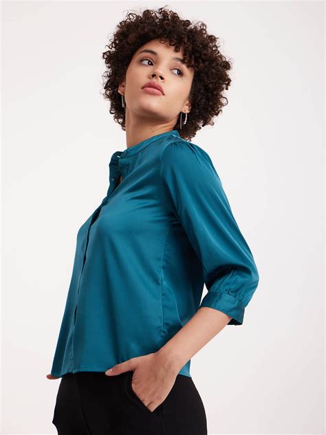 Buy Emerald Green Satin Mandarin Collar Shirt Online | FableStreet