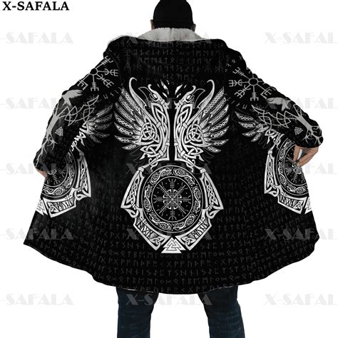 Viking Odin Tattoo Vegvisir Rune Raven Thick Warm Hooded Cloak Men Overcoat Coat Windproof ...