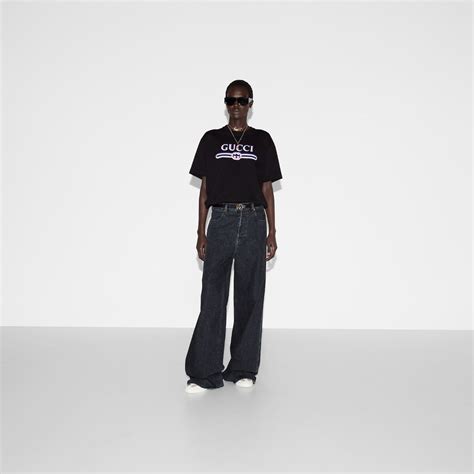 Printed cotton jersey T-shirt in black | GUCCI® US