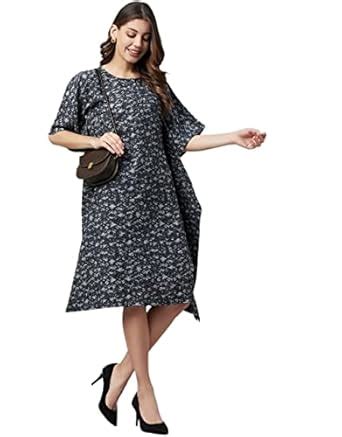 Buy Cottinfab Women Navy Blue & Grey Printed Kaftan Midi Dress at Amazon.in