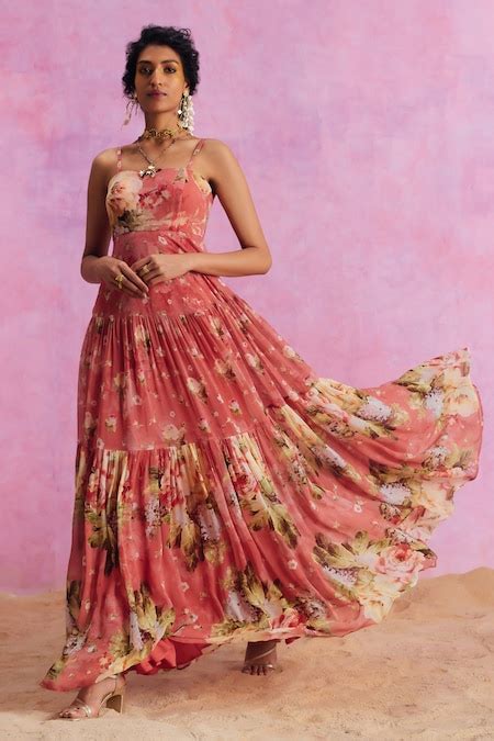 Buy Pink Viscose, Georgette Square Neck Urika Tiered Pleated Floral ...