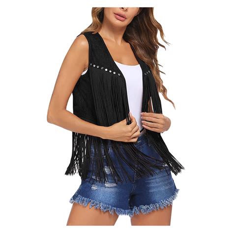 Lovskoo 2024 Womens Vintage Western Fringe Vest Tops Classic Suede ...