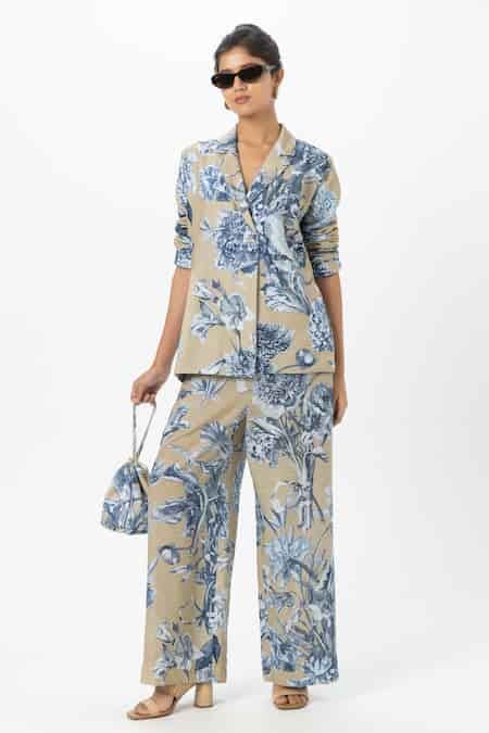 Buy Blue Linen Floral Print Blazer And Pant Set For Women by Sobariko ...