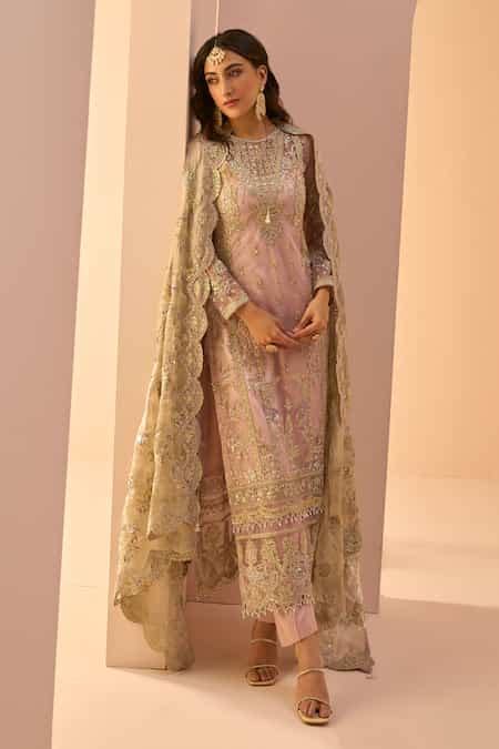 Buy Pink Net, Satin Beads, Sequins, Zari Round Neck Embroidered Kurta ...