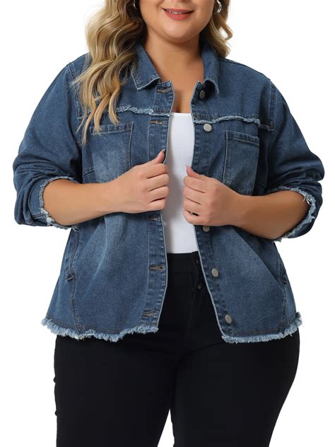 Agnes Orinda Women' s Plus Size Denim Jacket Frayed Hem Long Sleeve ...
